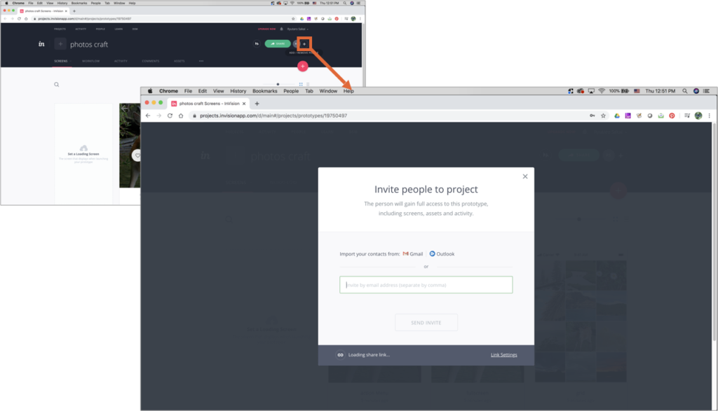 InVision Cloud UI showing that clicking on "+" opens a popup to enter email to invite people.
